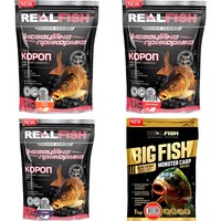 Фото Набір прикормок Real Fish Короп Кисла груша 1 кг+ Короп Полуниця 1 кг+ Короп Слива 1 кг + Біг Фіш короп полуниця з вершками 1 кг