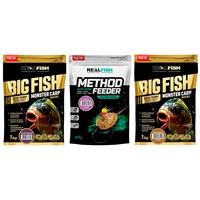Фото Набір прикормок Real Fish Біг Фіш короп шовковиця 1 кг+Біг Фіш короп тигровий горіх 1 кг+Метод Фідер Кальмар-Клюква 0.8 кг