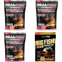 Фото Набір прикормок Real Fish Короп Кисла груша 1 кг+Карп Полуниця 1 кг+Карп Слива 1 кг+Біг Фіш короп тигровий горіх 1 кг