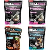Фото Набір прикормок Real Fish Карась Часник 1 кг + Карась Малина 1 кг+ Універсал Смажені коноплі 1 кг+ Універсал Спеції 1 кг